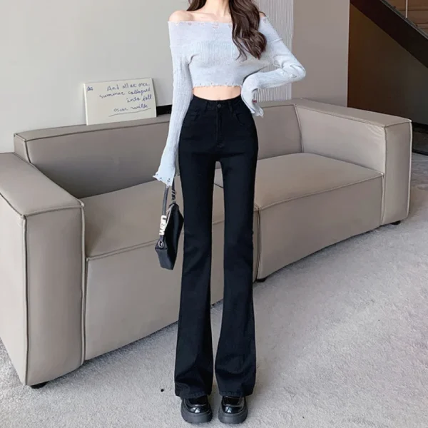 Black micro-ripped jeans women net red high-waisted thin horseshoe pants slim stretch small flared pants woman - Image 2
