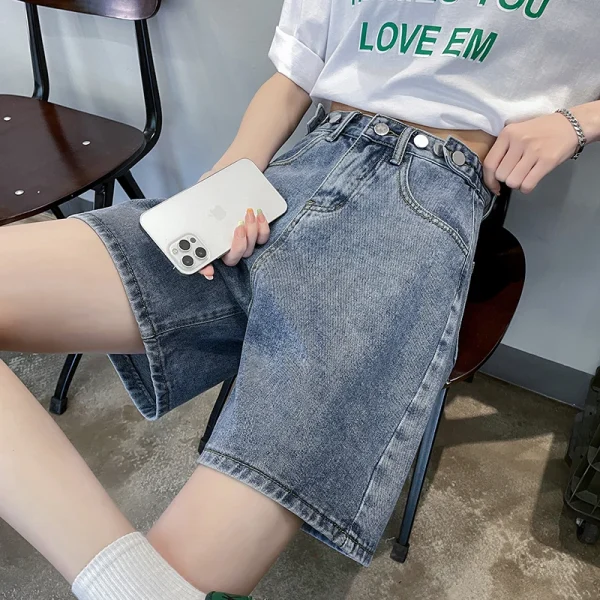 High-waisted quarter jeans women's summer design sense niche loose straight leg slimming shorts plus size student pants