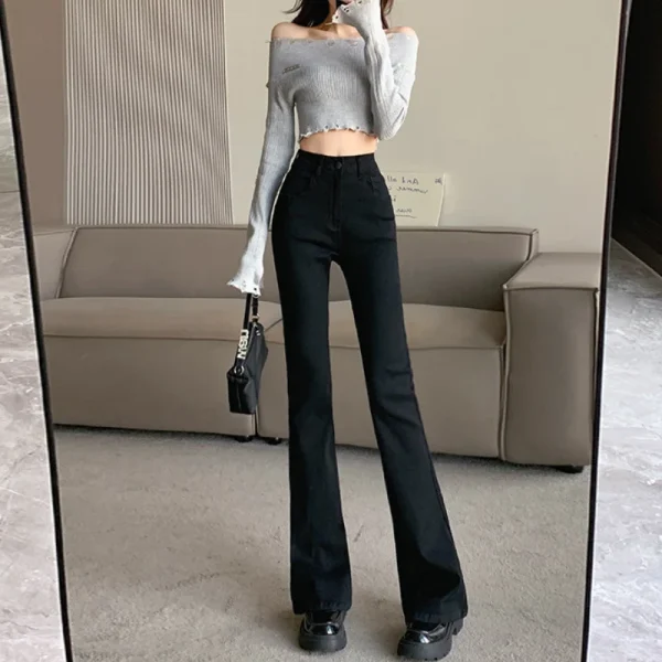 Black micro-ripped jeans women net red high-waisted thin horseshoe pants slim stretch small flared pants woman