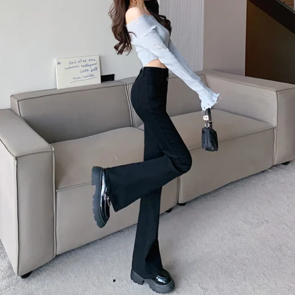 Black micro-ripped jeans women net red high-waisted thin horseshoe pants slim stretch small flared pants woman - Image 3
