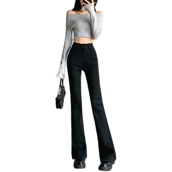Black micro-ripped jeans women net red high-waisted thin horseshoe pants slim stretch small flared pants woman - Image 5