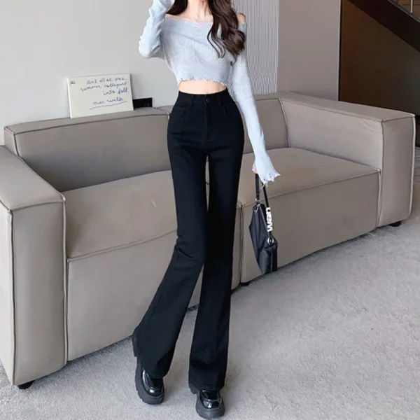 Black micro-ripped jeans women net red high-waisted thin horseshoe pants slim stretch small flared pants woman - Image 4